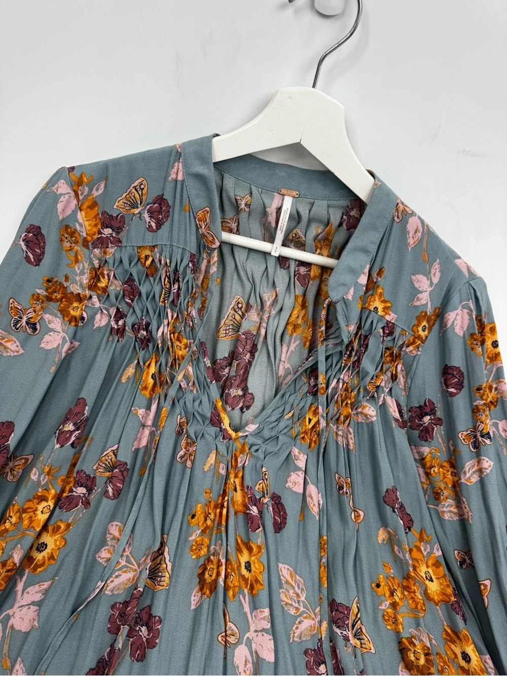 Free People Pebble Crepe Boho Floral Smocked Tunic Top Size Small